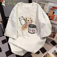 啄木鳥(niǎo)短袖T恤男美式重磅純棉卡通五分袖打底衫青少年情侶寬松夏季上衣 白灰色 2XL