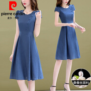 皮爾卡丹（pierre cardin）桑蠶真絲連衣裙子女夏季2024新款媽l媽裝小個子收腰顯瘦 牛仔藍 S 95斤以下穿