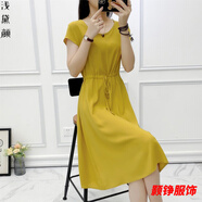 事思衣服女夏天的裙子時尚有口袋小個子純色棉綢連衣裙夏季時尚外穿顯 黃色 有口袋 XL 建議110-125斤