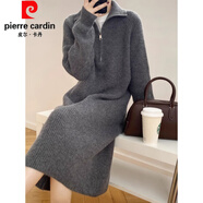 皮爾卡丹（pierre cardin）拉鏈翻領(lǐng)針織連衣裙女秋冬復古長(cháng)款高領(lǐng)毛衣裙直筒加厚長(cháng)袖打底裙 灰色 M 建議95-110斤