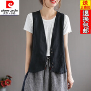 皮爾卡丹23年新款輕奢高品質(zhì)女裝亞麻無(wú)袖上衣小外套棉麻背心馬甲 黑色 L【建議110-125斤】