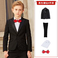 ELPA男童禮服套裝兒童小西裝英倫風(fēng)中大童西服婚禮花童禮服鋼琴演出服 黑色帶鉆4件套：2件套+襯衫+領(lǐng)結 145 碼 身高140-145cm 體重62-71斤