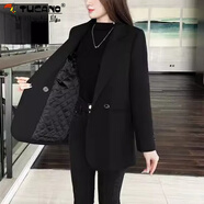 啄木鳥(niǎo)美拉德夾棉加厚西裝外套女秋冬新款da碼感韓版洋氣休閑小西服 黑色[夾棉加厚] 3XL [建議160-180斤]