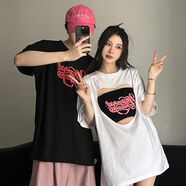 MALADOY情侶衣服夏季短袖一長(zhǎng)一短300斤特大碼街頭t恤男寬松裝設(shè)計(jì)感辣妹 女T恤+抹胸（倆件套） L建議90-120斤內(nèi)