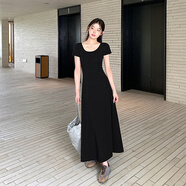 小野七天黑色修身短袖連衣裙女度假長裙夏季裙子收腰大裙擺顯瘦 均碼 黑色 均碼 裙長113胸圍74腰圍63肩寬36