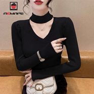 AEMAPE泡泡袖打底衫女裝掛脖毛衣女2025春秋冬季時(shí)尚針織衫女心機 黑色 M _100-115斤