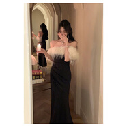 以歐（YIOU）名媛生日宴會(huì )聚會(huì )晚禮服女夏設計感法式緞面一字肩抹胸連衣裙3707 黑色 S