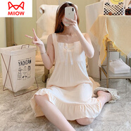 貓人（MiiOW）韓版吊帶背心睡裙女中長(zhǎng)款夏季純棉甜美公主風(fēng)薄款可愛(ài)睡衣家居服 63050 吊帶裙 蕾絲蝴蝶結(jié) 杏色 160(M)