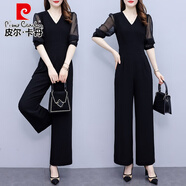皮爾卡丹（pierre cardin）針織2025新款春夏連衣褲黑色高腰顯瘦七分袖雪紡闊腿連體褲套裝女 黑色 XL (建115-124斤)