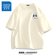 真維斯（Jeanswest）半袖男夏季大碼男士衣服男生純棉休閑短袖體恤胖子寬松男裝白t恤 淺米色(熊貓先森胸標) L (建議120斤-140斤左右)