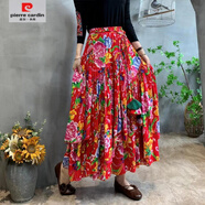 皮爾卡丹（pierre cardin）民族風(fēng)復古大碼棉麻條紋半身裙女長(cháng)款大擺寬松顯瘦高腰廣場(chǎng)跳舞裙 大花【紅色】 XL