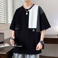 遙渠（YAO QU）冰絲棉短袖休閑T恤男士2025新款寬松韓版設計感圓領(lǐng)半袖拼接男裝 黑色 2XL