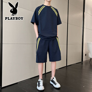 花花公子冰絲短袖t恤男士夏季薄款運動套裝一套搭配五分男生夏天休閑男裝 藏青 S