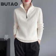 BUTAO立領(lǐng)針織衫女春秋新款半拉鏈內(nèi)搭毛衣純色簡約寬松外套 白色 L 【建議110-120斤】