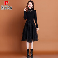 皮爾卡丹（pierre cardin）蕾絲針織連衣裙秋冬2025新款收腰顯瘦配外衣內(nèi)搭打底毛衣裙中長(zhǎng)款 黑色 XL 118-128斤