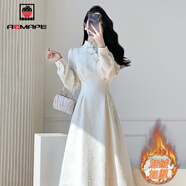 AEMAPE中式改良旗袍加絨連衣裙女2025春秋冬新款新國風(fēng)打底裙子女裝 MX-A249_米白色加絨 M