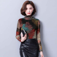 瑤益亮絲打底衫女秋冬印花高領(lǐng)保暖網(wǎng)紗上衣百搭長(zhǎng)袖t恤加絨小衫 灰色/6069# M