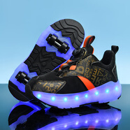 品喬丹運動(dòng)斷碼春秋暴走鞋四輪學(xué)生男童輪滑鞋可收縮兒童輪子鞋女童發(fā)光鞋 黑橘 四輪帶燈充電款-6298 皮面 30碼內長(cháng)19.2cm