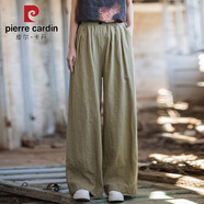 皮爾卡丹（pierre cardin）棉麻褲子女2026春秋新款苧麻棉闊腿褲寬松休閑褲女百搭直筒長(cháng)褲 軍灰色【甄選面料】 3XL 【約140-155斤】