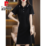 皮爾卡丹2026春夏新款純色女POLO襯衫領(lǐng)純棉A字連衣裙休閑中長(cháng)運動(dòng)款T恤裙 黑色-撞邊款 XL