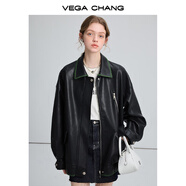 VEGA CHANG黑色皮衣女2025春秋寬松顯瘦機(jī)車風(fēng)pu皮短外套 松綠黑 M