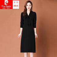皮爾卡丹（pierre cardin）羊毛衫女秋冬蝴蝶結(jié)洋氣顯瘦連衣裙中長款羊毛針織毛衣裙子 黑色 L