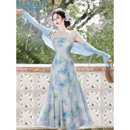 瑪希迪2024夏新款連衣裙雪紡印花修身顯瘦小清新仙氣吊帶裙旅游度假長(cháng)裙 吊帶裙+開(kāi)衫 S