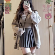 蓉月閣套裝女大碼胖妹妹慵懶風(fēng)復古針織毛衣開(kāi)衫背心高腰百褶短裙女秋冬 駝色開(kāi)衫+咖色裙【高品兩件套】 3XL 【140-165斤】