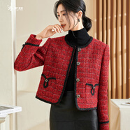 米思陽(yáng)（missshine）2024冬季新款復(fù)古小香風(fēng)紅色短外套拼接修身單排扣上衣3514 紅色 2XL