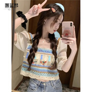 漫藍夢(mèng)T恤女夏季鉤花鏤空民族風(fēng)拼接短袖設計感小個(gè)子短款修身方領(lǐng)上衣 主圖色 M 建議80-95斤