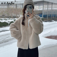 她芙（tafu）品牌女裝皮草外套女短款2025年冬季新款水貂絨保暖皮毛一體大衣 杏色 M 推薦108-122斤