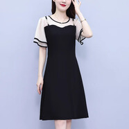 VYQA高端品牌 荷葉袖撞色連衣裙女 夏季新款高級感收腰顯瘦假兩件裙子 米白色 L