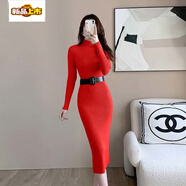 初徑長(cháng)袖2026秋冬高領(lǐng)針織新款衣裙連衣裙修身過(guò)膝顯瘦打底毛衣送腰帶 紅色 S