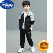 迪士尼（Disney）男童秋裝套裝新款洋氣潮兒童中大童套裝春秋運動服開衫兩件套男 【拼色開衫套裝】萊克黑 加絨款 140
