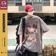 楠笙記日系動漫t恤男夏季潮牌嘻哈美式hiphop七分袖衣服大碼fog高街 灰色 2XL