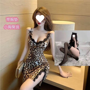 FHHUABD性感女睡衣蕾絲花邊豹紋夏季薄款睡裙顯瘦修身吊帶包臀裙帶胸墊 豹紋帶胸墊+黑絲襪 M 【90-110】斤