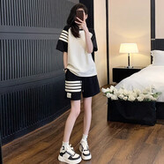 A 21 FUNB初高中生女套裝夏季12-15歲女孩衣服大童女裝青少年女大童夏裝13 白衣黑色短褲兩件套裝 均碼 L【建議96-110斤】