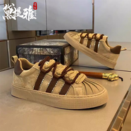 黛提雅輕奢潮牌男鞋夏季新款貝殼頭休閑鞋子板鞋男時尚三道杠運(yùn)動鞋男 駝色-高端男鞋 42