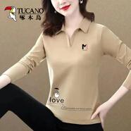 啄木鳥(niǎo)100%純棉長(cháng)袖polo翻領(lǐng)t恤女2025春秋新款修身洋氣顯瘦媽i媽裝上衣 咖色M圖 XL 建議110-120斤