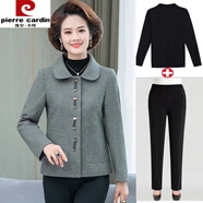 皮爾卡丹（pierre cardin）一套搭配好的媽媽春秋裝小香風(fēng)上衣中年秋冬裝洋氣中老年短款外套 綠色+毛衣+直筒褲 L (建議85-100斤)