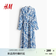 H&M女裝花卉連衣裙秋季優(yōu)雅氣質(zhì)系帶V領(lǐng)長(cháng)袖中長(cháng)襯衫連身裙1236832 白色/藍色花卉 165/96 M