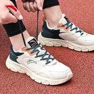 安踏跑步鞋男鞋秋冬新款皮面黑色鞋子輕便休閑鞋工作鞋耐磨慢跑訓練鞋 【皮面防潑水】-5淺米白/綠 45