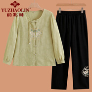 俞兆林（YUZHAOLIN）中老年女裝長(zhǎng)袖媽媽春秋套裝新款奶奶棉麻T(mén)恤中式國(guó)風(fēng)襯衫兩件套 秋香色 + 黑色闊腿褲套裝 XL (參考90-105斤)