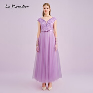 拉珂蒂（La Koradior）【商場(chǎng)同款】拉紫色刺繡網(wǎng)紗禮服裙v領(lǐng)長(cháng)連衣裙 紫色 M