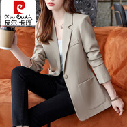 皮爾卡丹（pierre cardin）孔雀藍(lán)小西裝外套女2024新款秋冬季韓版休閑氣質(zhì)時(shí)尚長(zhǎng)袖西服上衣 單件卡其色西服 3XL 135-145斤