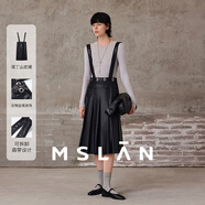 MSLAN冬季新款背帶裙寬松壓褶復古機車(chē)風(fēng)半身皮裙 烏黑 S