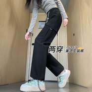 朵沐縵酒紅色高腰抽繩闊腿工裝褲女2024春秋新款美式口袋兩穿顯瘦休閑褲 黑色常規款(高158-169選) S(95斤以下選擇)