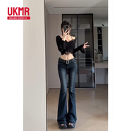 UKMR深藍色低腰修身微喇叭牛仔褲女秋冬175高個(gè)子顯瘦加長(cháng)170拖地褲子 深藍色 常規 S 80-95斤