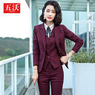 五沃格子職業(yè)裝女裝套裝小西裝女酒店經(jīng)理修身時(shí)尚名媛正裝氣質(zhì)工作服 酒紅格外套+西褲+短裙+白襯衫 3XL