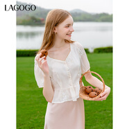 LAGOGO米白色歐根紗繡花襯衫女拉谷谷夏新款法式顯瘦優(yōu)雅短袖上衣 米色(T2) M